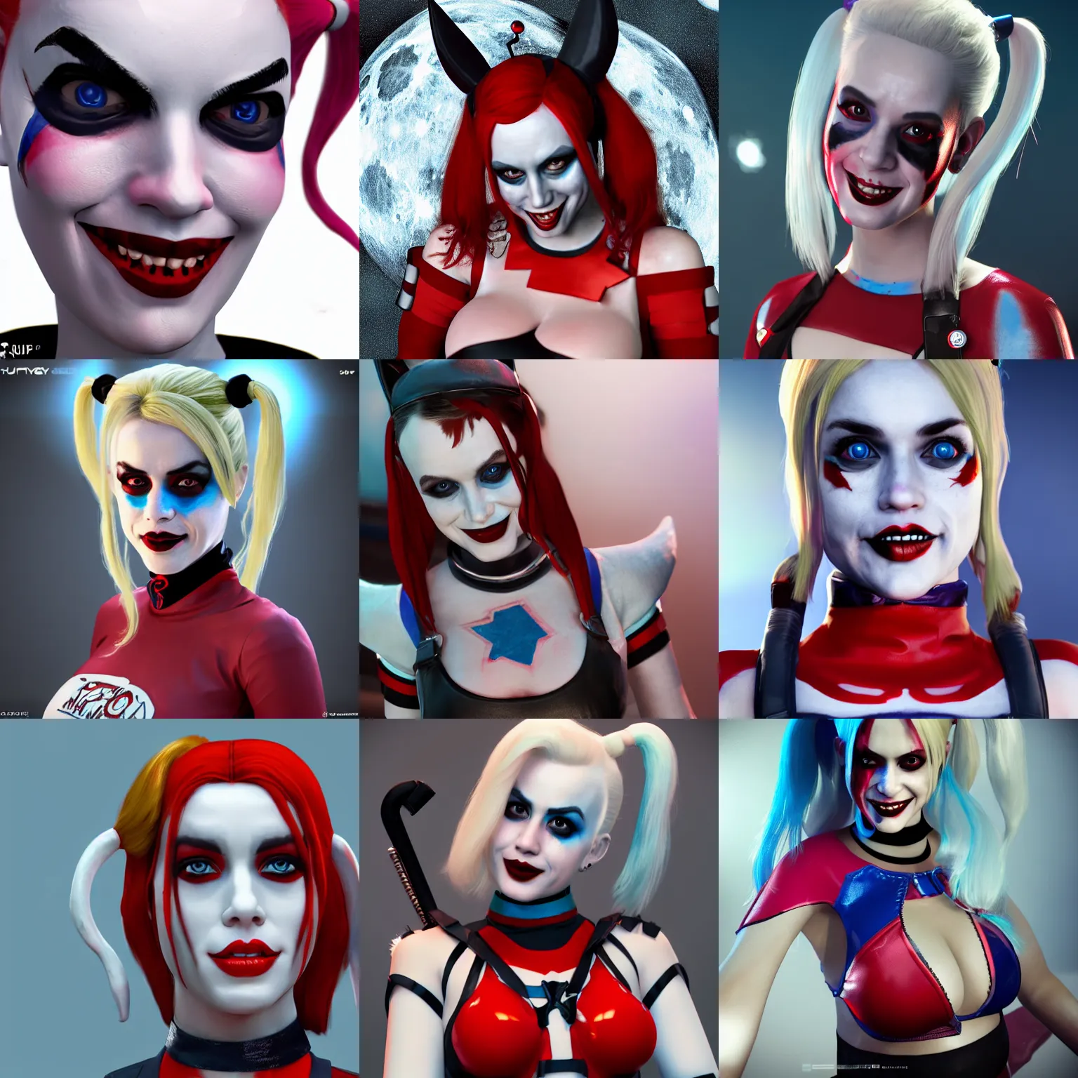 Prompt: cosplay on Harley Quinn on the moon queen, unreal engine, octane render, 8k, full body, high detail of the face