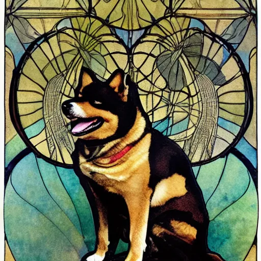 Prompt: portrait of happy laughing shiba inu with a background in the style of mucha. detailed, ornate, watercolor