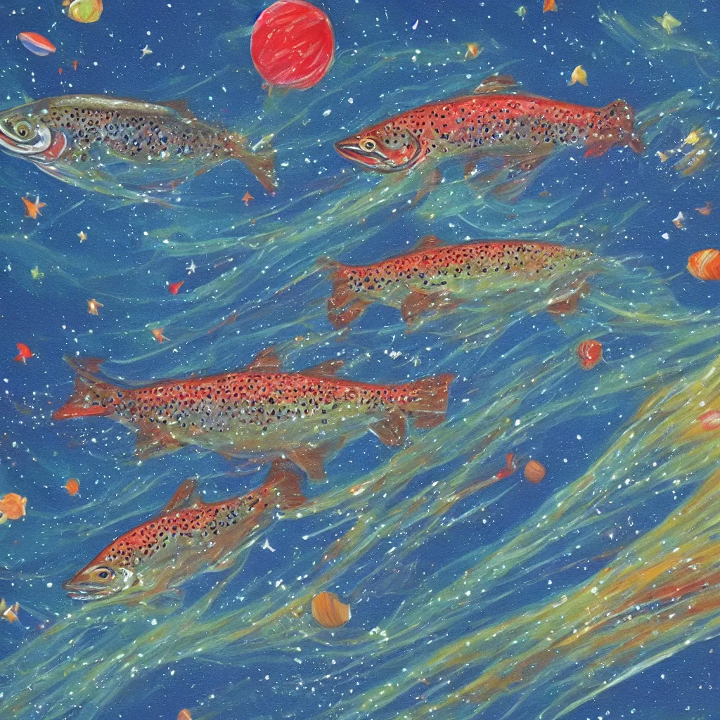 Image similar to a painting of a trout swimming in outer space