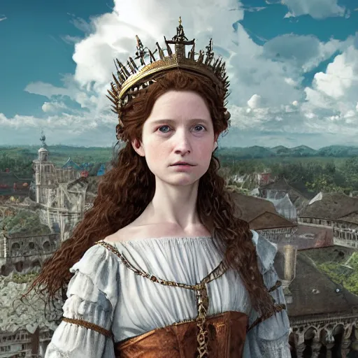 Prompt: character portrait of the white queen thomasin mckenzie with gorgeous detailed eyes in the marketplace in the sky, color page, tankoban, 4 k, tone mapping, doll, akihiko yoshida, james jean, andrei riabovitchev, marc simonetti, yoshitaka amano, kentaro miura, long hair, curly