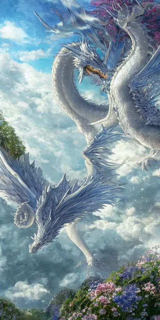 Image similar to the beautiful hyper detailed scene render that a lonely beautiful girl lies in the arms of a huge silver white dragon alone in fairyland surrounded by white clouds, finely detailed angelic face delicate features, style of studio ghibli, makoto shinkai, raphael lacoste, louis comfort tiffany, artgerm, james jean, ross tran, animation style, hd, ultra wide angle