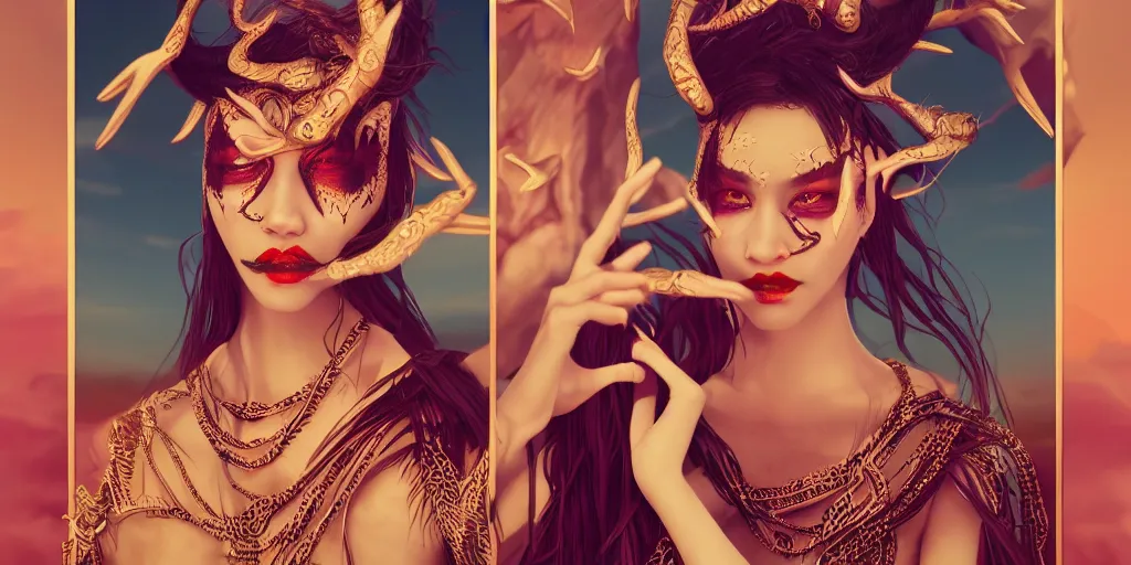 Prompt: giesha demon, innovative avant - garde art, deco fashion, asian women, highly detailed, photorealistic portrait, serene desert setting, crisp quality and light reflections, octane render, tarot card with ornate border frame