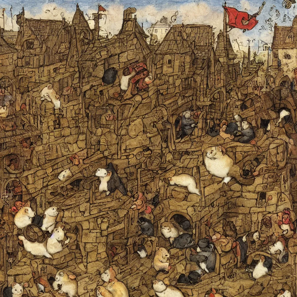 Image similar to a hamster in a medieval stockade, in the town square, crowd of angry hamsters surrounding, 1 2 th century europe theme