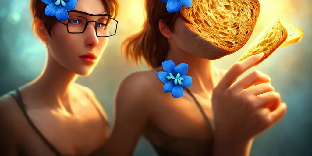 Prompt: epic professional digital art of a bread toast!!! wearing 👓!!!! and a blue flower!!!!, best on artstation, cgsociety, wlop, cosmic, epic, stunning, much detail, much wow, masterpiece, backlight