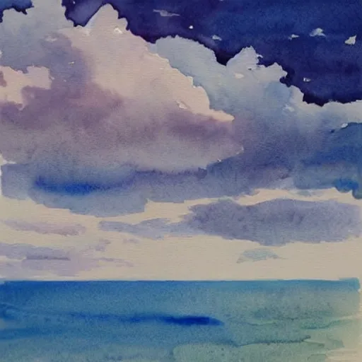 Prompt: the soaring sky with clouds above a beach below, watercolor, by japanese masters, 4 k, beautiful, strong colors, surreal, trending on artstation,