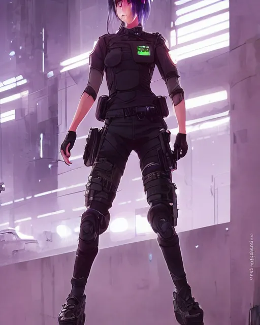 Image similar to anime key visual of a young female swat officer, neon, cyberpunk, futuristic, white top, black vest, stunning, highly detailed, digital painting, artstation, smooth, soft focus, illustration, art by artgerm and greg rutkowski and alphonse mucha