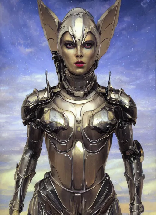 Image similar to a biblical diabolical beautiful female valkyree android, shiny hi - tech armor, dynamic pose, splashing, heavy eyes to the side, closeup, bright glowing veins, in clouds, rain, sunset, portrait, by gerald brom, by mikhail vrubel, by peter elson, muted colors, extreme detail, reflections, trending on artstation, 8 k
