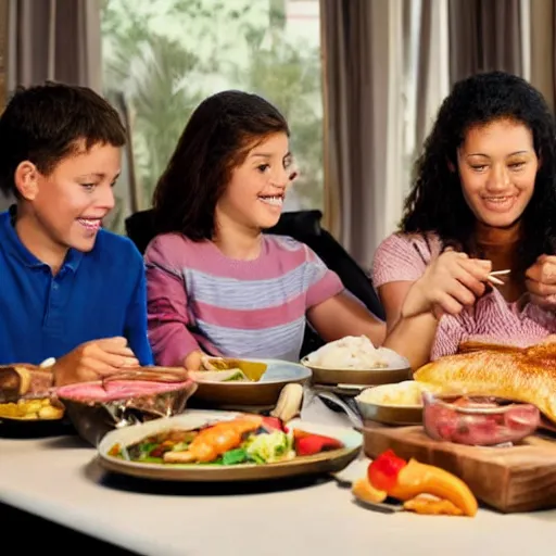 Image similar to a family sitting around the dinner table eating parts of a live cow