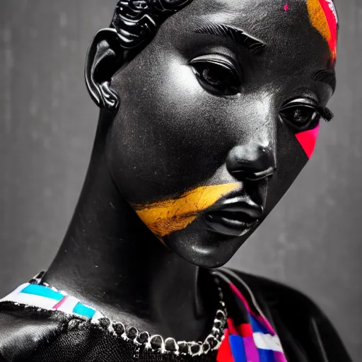 Image similar to close up portrait of extremely beautiful female black marble statue in the style of virgil abloh, colorful motocross logos behind her, sharp focus, clear, detailed,, cinematic, detailed, off white, glamourous, symmetrical, vogue, editorial, fashion, magazine shoot, glossy