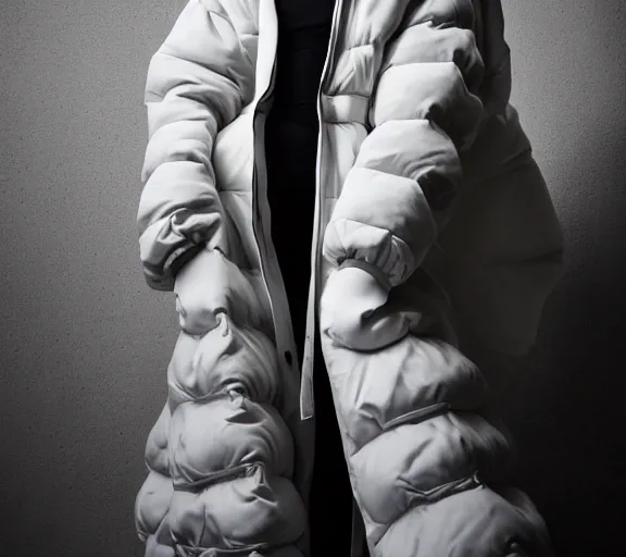 Image similar to well lit fashion shoot portrait of extremely beautiful female marble statue wearing huge over size puffer jacket by dingyun zhang, yeezy, balenciaga, vetements, a cold wall, sharp focus, clear, detailed,, cinematic, detailed, off white, glamourous, symmetrical, vogue, editorial, fashion, magazine shoot, glossy