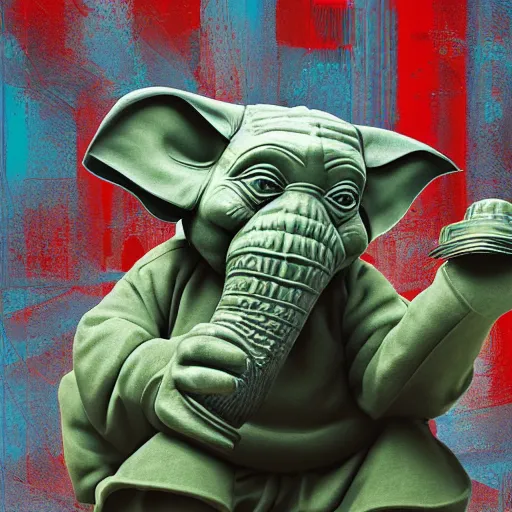 Image similar to elephant yoda patriot potus, modern art placed in a large living room, art designers magazine HD photo superrealism 3d 8k resolution