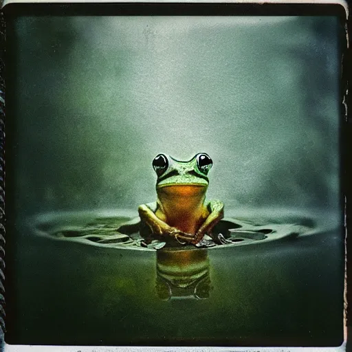 Image similar to frog in jesus christ pose levitating over misty water, polaroid photography by andrey tarkovski, paranormal, spiritual, mystical