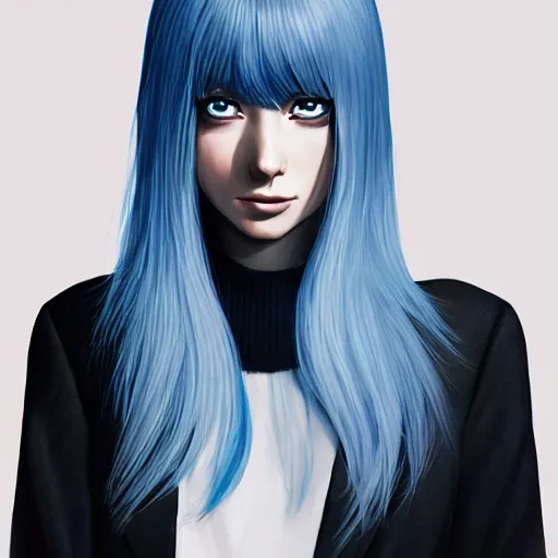 Image similar to profile shot of rimuru tempest, sky blue hair, straight hair, pretty, long bangs, amber eyes, all black jacket with white stripes, high collar, highly detailed, unreal engine 5, color block, digital painting, concept art, cinematic, wlop | artgerm, pixiv, greg rutkowski, ilya kuvshinov, andy warhol