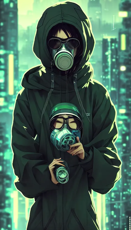 Image similar to cyberpunk anime girl in hoodie, cyberpunk gas mask, 3 / 4 shot, street night, grafity, beautiful face, grafity, arcane, action, tokyo street, detail, good face, pose model, concept art, in style of yoji shinkawa, pan ren wei, col price, atey ghailan, by greg rutkowski, aesthetic