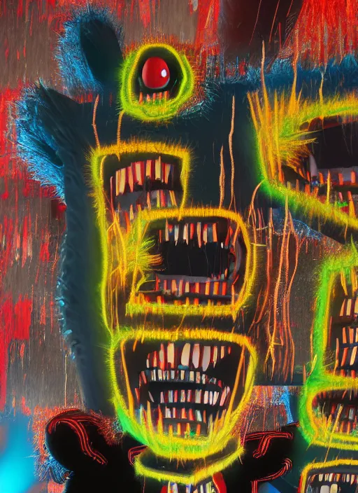 Prompt: multiple 3D crazy monsters in the style of Jean-Michel Basquiat, cinematic, photorealism, octane render, 8k, depth of field, artgem, Trending on artstation