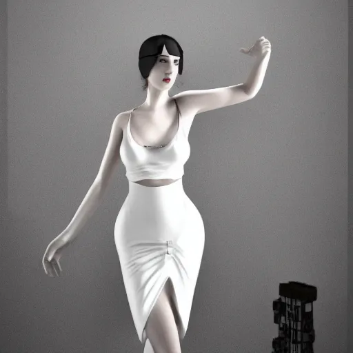 Prompt: a girl in an elegant white dress, with a black bikini underneath, 1920s, by WLOP, 8k octane render