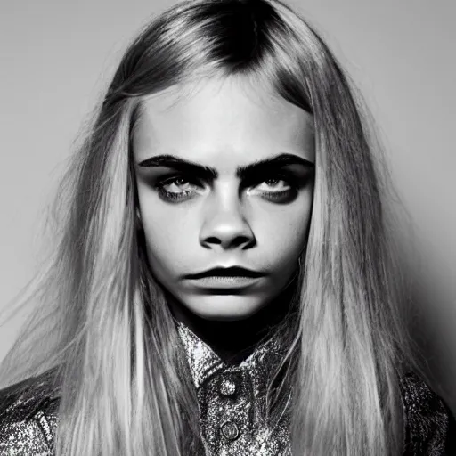 Image similar to photo of a gorgeous 20-year-old Cara Delevingne 1975 hairstyle by Mario Testino, detailed, head shot, award winning, Sony a7R -