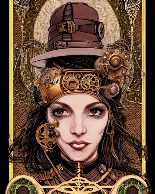 Prompt: a detailed portrait illustration of a steampunk wizard - noble - merchant. beautiful transgender arabic female face. art nouveau, pop art, comic book style. influenced by neil gaiman, h. p. lovecraft, dan mumford, brian froud, vadim voitekhovitch, killian eng, ross tran.