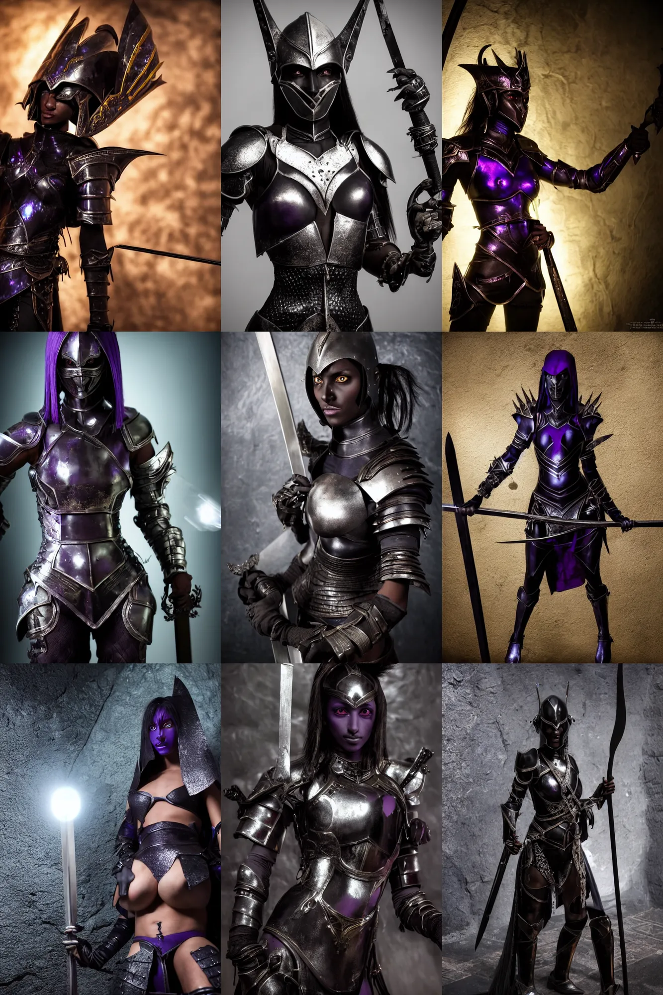 Prompt: an ultra high definition real life close up documentary photograph of female dark elf with dark black purple skin wearing metal armour and holding sword in an underground spell room. close up. three point lighting. volumetric. refraction. extremely detailed. soft focus. ambient light sources. haze artefacts, light glare, art directed. filmic. stark.