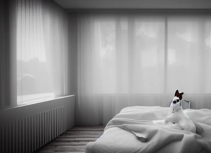 Image similar to photography of a Jack Russel watching outside the window on a bed in a 3d rendered white room, octane render, 3d, foggy, volumetric light, volumetric fog, photorealistic, unreal engine 5