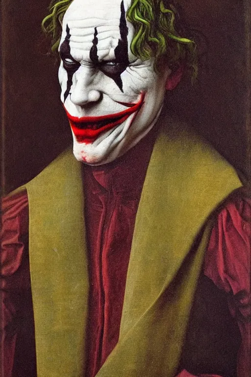 Image similar to portrait of the joker, oil painting by jan van eyck, northern renaissance art, oil on canvas, wet - on - wet technique, realistic, expressive emotions, intricate textures, illusionistic detail