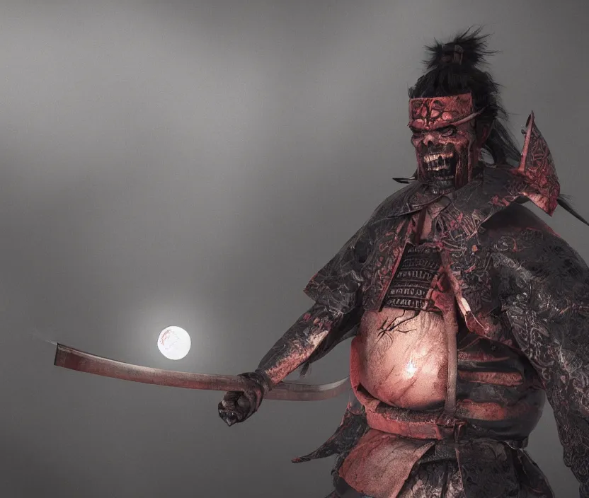 Image similar to 'a samurai! haunted by souls and ghosts with a big full moon on background , gloomy and foggy atmosphere, octane render, artstation trending, horror scene, highly detailded'