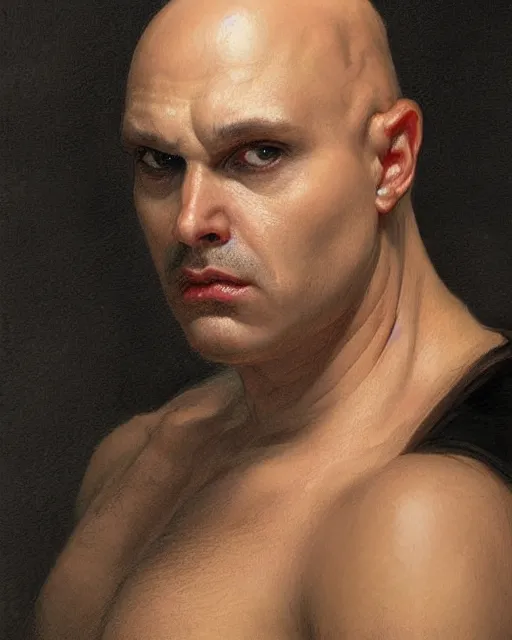 Image similar to portrait of a 4 0 - year - old bald character, male, with a white complexion, wide, cat - like scarlet eyes, nose as a snake, and a thin mouth, wearing in black clothes, hyper realistic face, beautiful eyes, fantasy art, in the style of greg rutkowski, intricate, alphonse mucha, hyper detailed, smooth