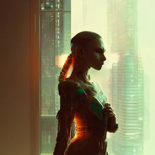 Prompt: portrait of cyberpunk woman looking out of a window, cyberpunk setting, futuristic, highly detailed, intricate lighting, digital painting, sharp focus, illustration, trending on artstation, art by wlop.