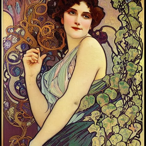 Image similar to beautiful women, aphrodisiac, tall goddess, expressive oil painting, art nouveau, vines, edwardian woman, 1 9 2 0's france, oil painting by alphonse mucha