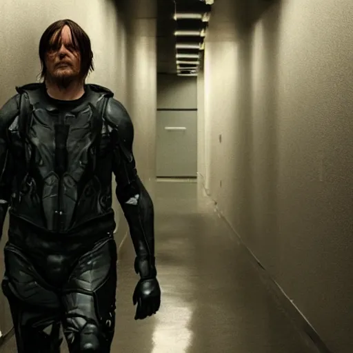 Prompt: Norman Reedus taking a selfie in the backrooms hallway wearing Death Stranding poster power armor, liminal space hallway, backrooms, selfie photo