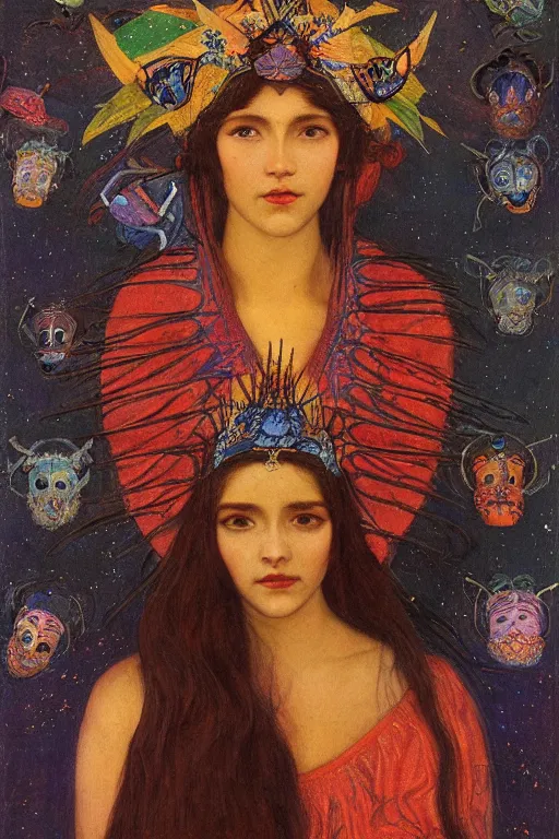 Image similar to queen of night with stars in her hair, by Annie Swynnerton, and Nicholas Roerich and Tino Rodriguez and Diego Rivera , elaborate headdress and embroidered velvet, iridescent beetles, rich color, dramatic cinematic lighting, extremely detailed