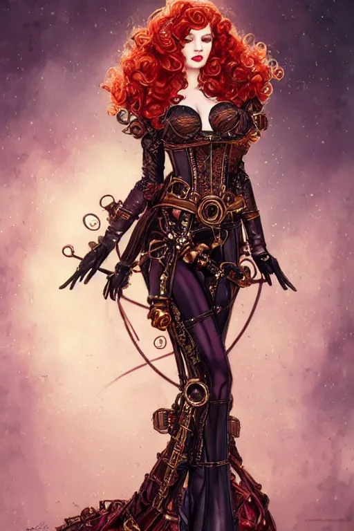 Image similar to three-quarters standing pose Christina Hendricks as a sensual Lady Mechanika, very beautiful young woman, ginger wavy hair, Victorian-era push-up underwire. Intricate, steampunk imagery themed, D&D!, fantasy style, sharp focus!, ultra detailed, art by Artgerm and Peter Andrew Jones, WLUP