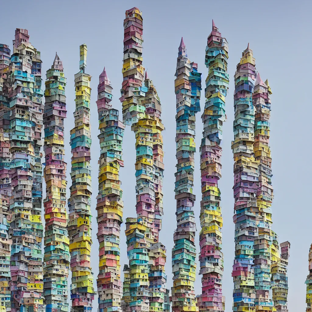 Image similar to close - up towers made up of colourful squatter housing, bleached colours, plain uniform off white sky, dystopia, mamiya, very detailed, ultra sharp, photographed by john chiara