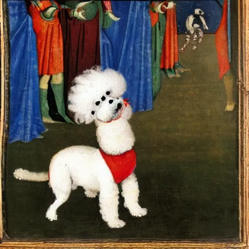 Prompt: bichon frise dog wearing a jester costume and dancing, medieval painting