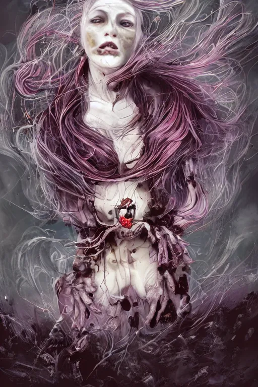 Image similar to A girl with a marble face, flowing silver-violet hair, stands with her arms spread out against the background of a blood-purple cloud, red streams flow through her body, skulls and bones of hands crawl out of the ground, dark red drops fly around, Anachronism, painting, dark fantasy, steampunk, 4k