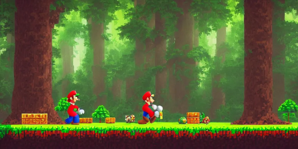 Prompt: a picture of mario from super mario bros wanlking in the forest pixelart style ultra realistic, highly detailed, sharp focus, cinematic lighting, mood lighting, realistic, vivid colors, painting, photorealistic, digital art, non blurry, sharp, smooth, illustration, 4 k, artstation,