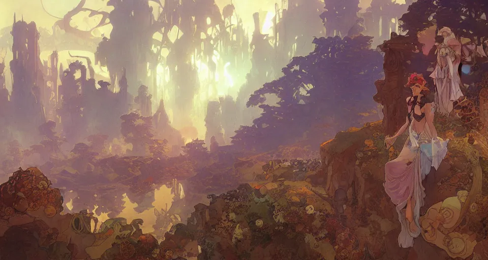 Image similar to A beautiful landscape painting of steampunk landscape by Alfons Maria Mucha and Julie Dillon and Makoto Shinkai