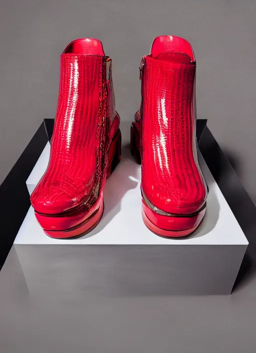 Image similar to hyperrealistic and heavy detailed balenciaga boots of whole lotta red by playboi carti, leica sl 2 5 0 mm, vivid color, high quality, high textured, real life