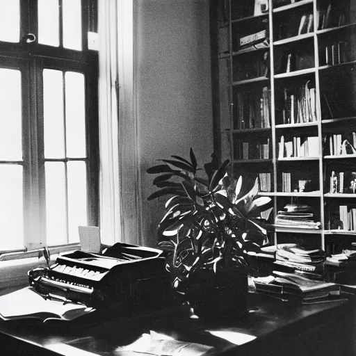 Image similar to 1880, inside a female writer room, Remington typewriter, many plants, many books, piles of books, beautiful light, long shadows, 50 mm lens, crackles, scratches, dust, stains