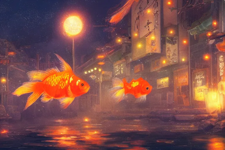 Prompt: fantasy art of glowing goldfish swimming in the air, in a japanese town at night, by makoto shinkai, highly detailed digital art, trending on artstation