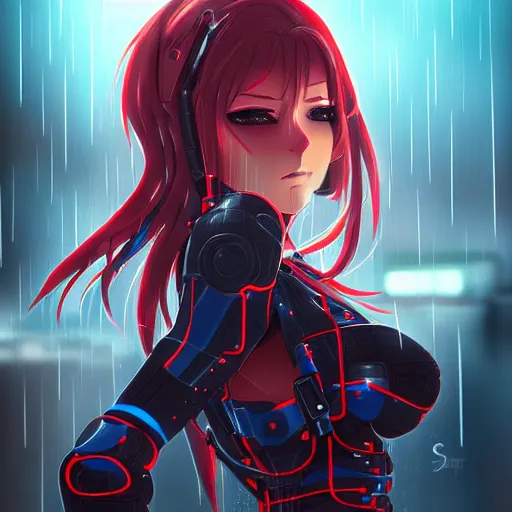 Image similar to seductive female cyborg, in the rain, highly detailed, painting, dark red, azure blue and black color palette, intricate, high quality anime artstyle, in the style of sana takeda