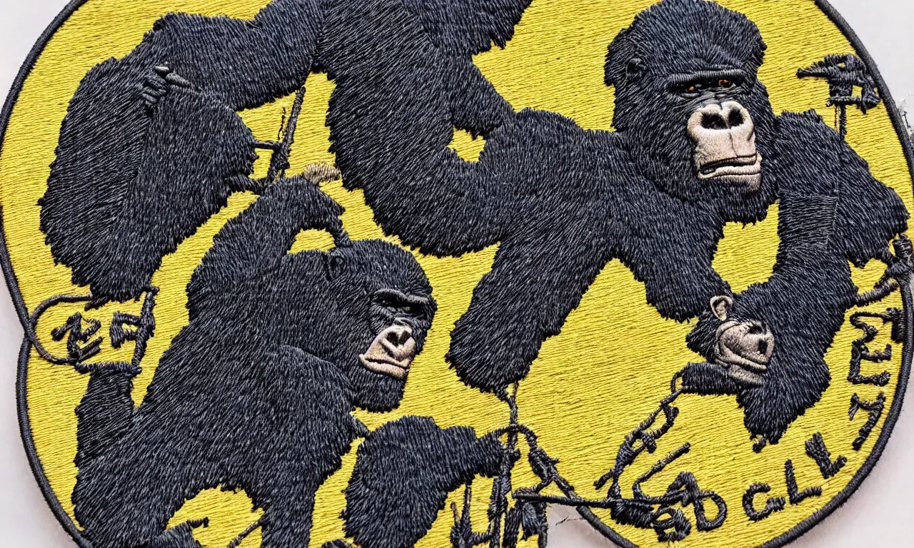 Prompt: a gorilla climbing a radio tower reading lighting bolts, embroidered us corps patch 8 k /