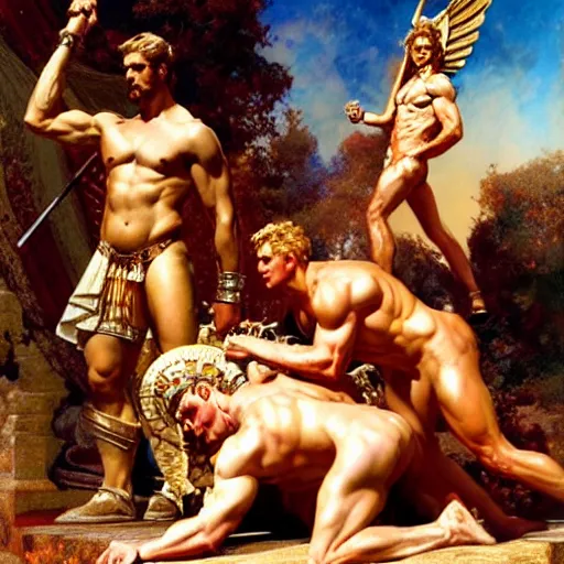 Image similar to ares and hercules dab in front of zeus the ruler of olympus, heavenly marble, ambrosia served on golden platters, painting by gaston bussiere, craig mullins, j. c. leyendecker, tom of finland