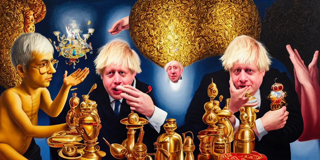 Image similar to rishi sunak and boris johnson in heaven, abstract oil painting by gottfried helnwein pablo amaringo raqib shaw zeiss lens sharp focus high contrast chiaroscuro gold complex intricate bejeweled