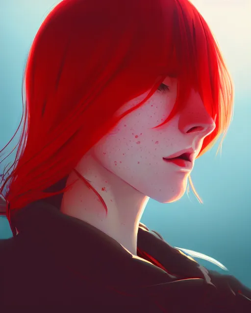 Image similar to a detailed portrait of a woman with red hair and freckles by ilya kuvshinov, digital art, dramatic lighting, dramatic angle