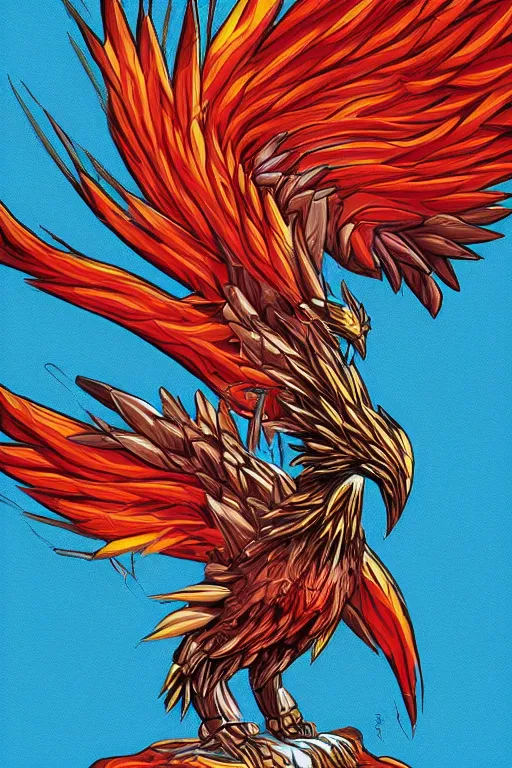 Image similar to Mechanical Cyborg Phoenix Perched on a Burning Spruce Tree, illustration, digital painting, professional art, detailed, celshaded