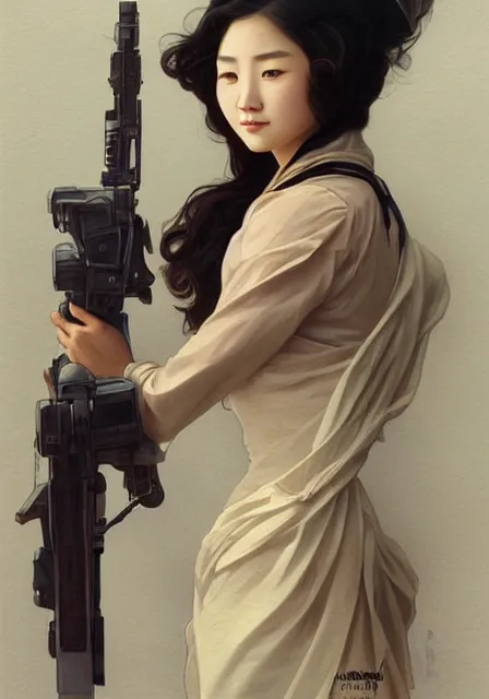 Image similar to realistic asian woman holding a vintage sci - fi gun, handsome, intricate, elegant, highly detailed, digital painting, artstation, concept art, smooth, sharp focus, illustration, art by artgerm and greg rutkowski and alphonse mucha and william - adolphe bouguereau