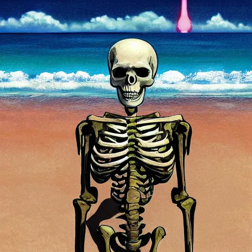 Prompt: Beautiful digital painting portrait of relaxed skeleton walking on the tropical beach with nuclear bomb explosion in the background, by James Gurney, high quality, trending on Artstation, realistic, tropical color scheme, anatomically correct skeleton, high coherence, clear blue sky