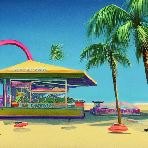 Prompt: psychedelic beachfront fast food restaurant with palm trees by simon stalenhag