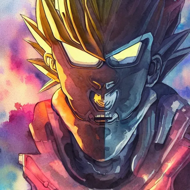 Image similar to a watercolor painting of a cyborg super saiyan with a broken halo floating over their head in the style of cyberpunk in the style of moebius trending on artstation deviantart pinterest hyper detailed photorealistic highlights and shadow hd 8 k post - processing high resolution